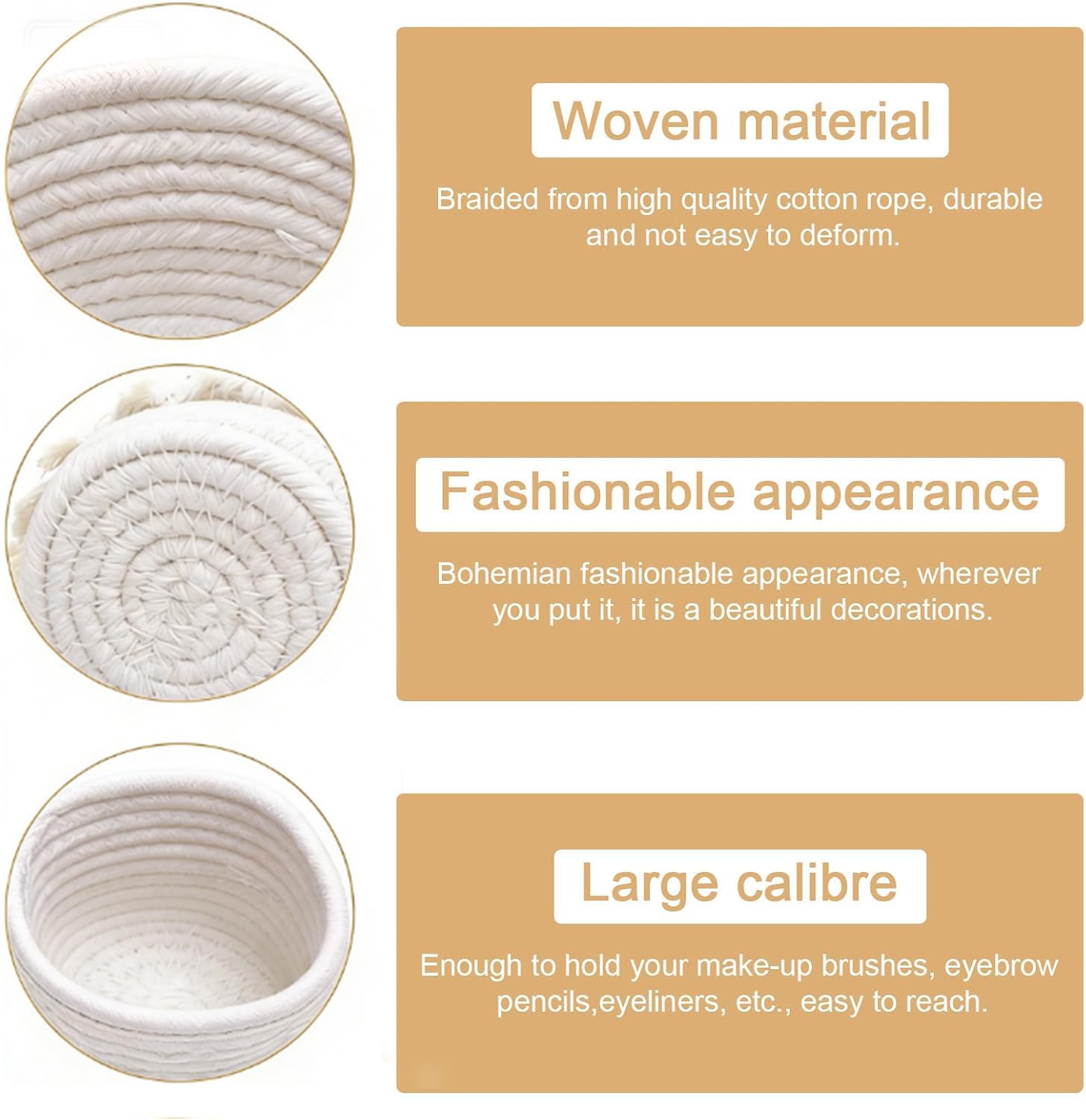 Lot de 2 porte-pinceaux de maquillage en macramé, panier de rangement bohème, 10 x 10 cm, en corde de coton, mini organisateur cosmétique et porte-stylos pour coiffeuse, salle de bain, bureau, ivoire