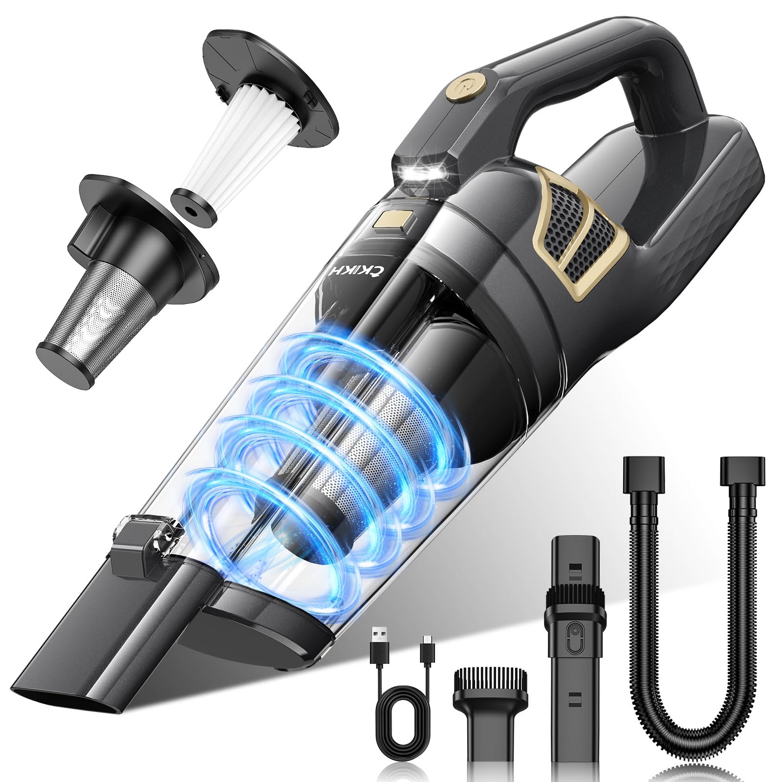 CKIKH Handheld Vacuum Cordless, 15000PA Powerful Suction Rechargeable Vacuum,Portable Car Vacuum with LED Light and Multi Accessories, Hand Held Vacuum Cleaner for Home, Office, Pet Hair and Car