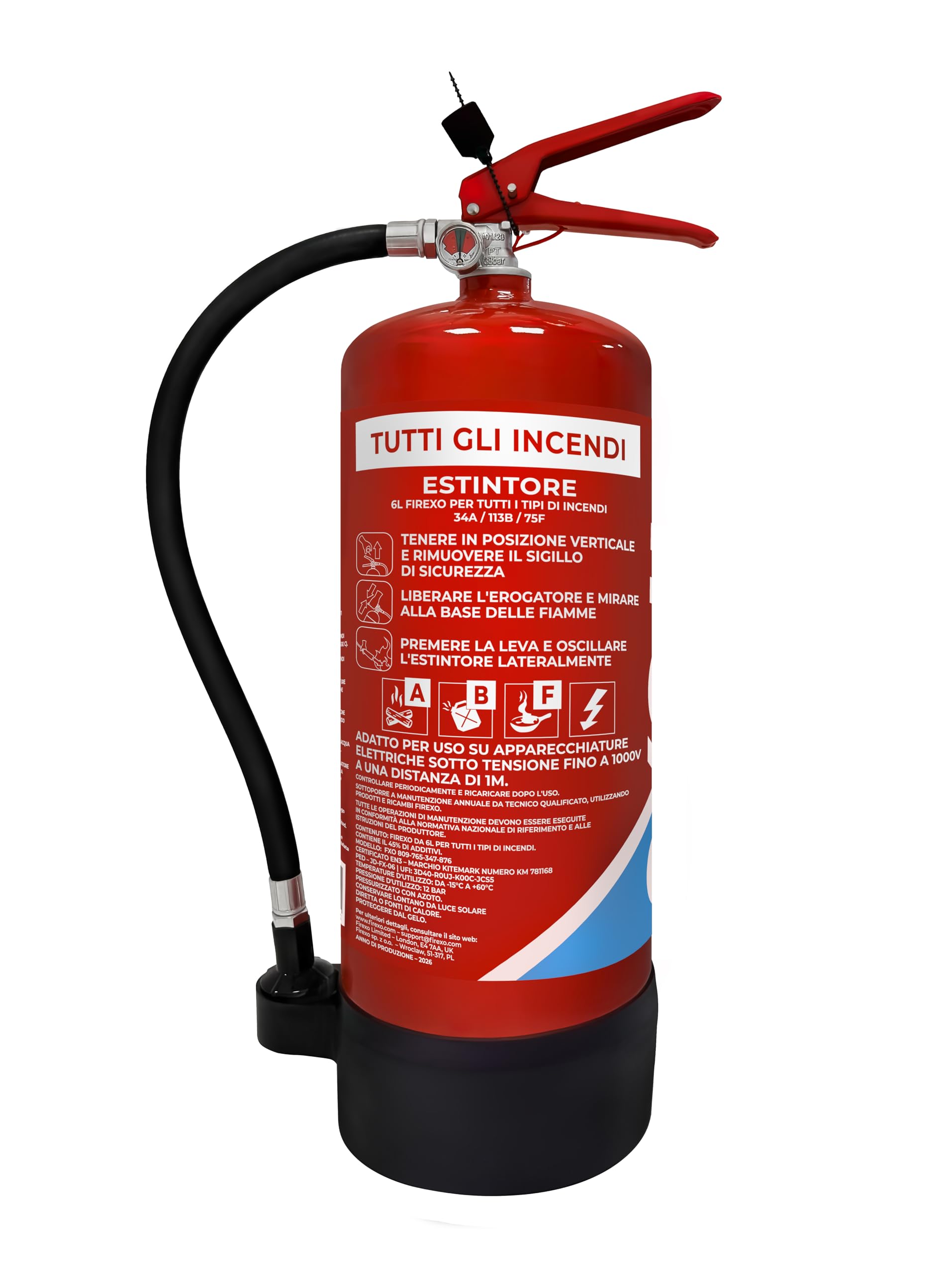 Firexo Estintore (6 Liter) - Fire Extinguisher Per Casa, Ristorante, Cucina, Camper, Lavoro, Barca, Camino - Estintore per tutte le classi di incendio