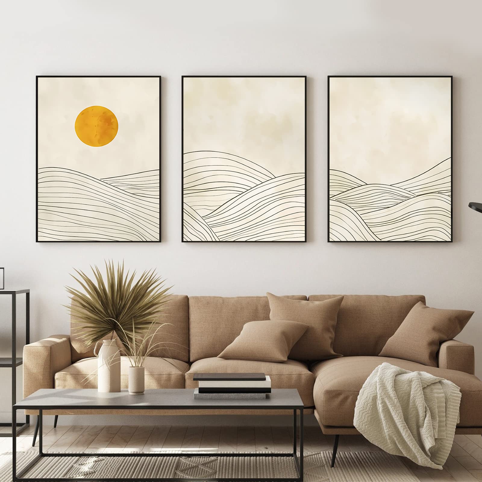 LMYSXAOZ Mid Century Geometric Wall Art Minimalist Mountain Line Beige Boho Posters Abstract Sun Picture Painting Yellow Poster Modern Neutral Artwork for Living Room 16x24inx3 No Frame