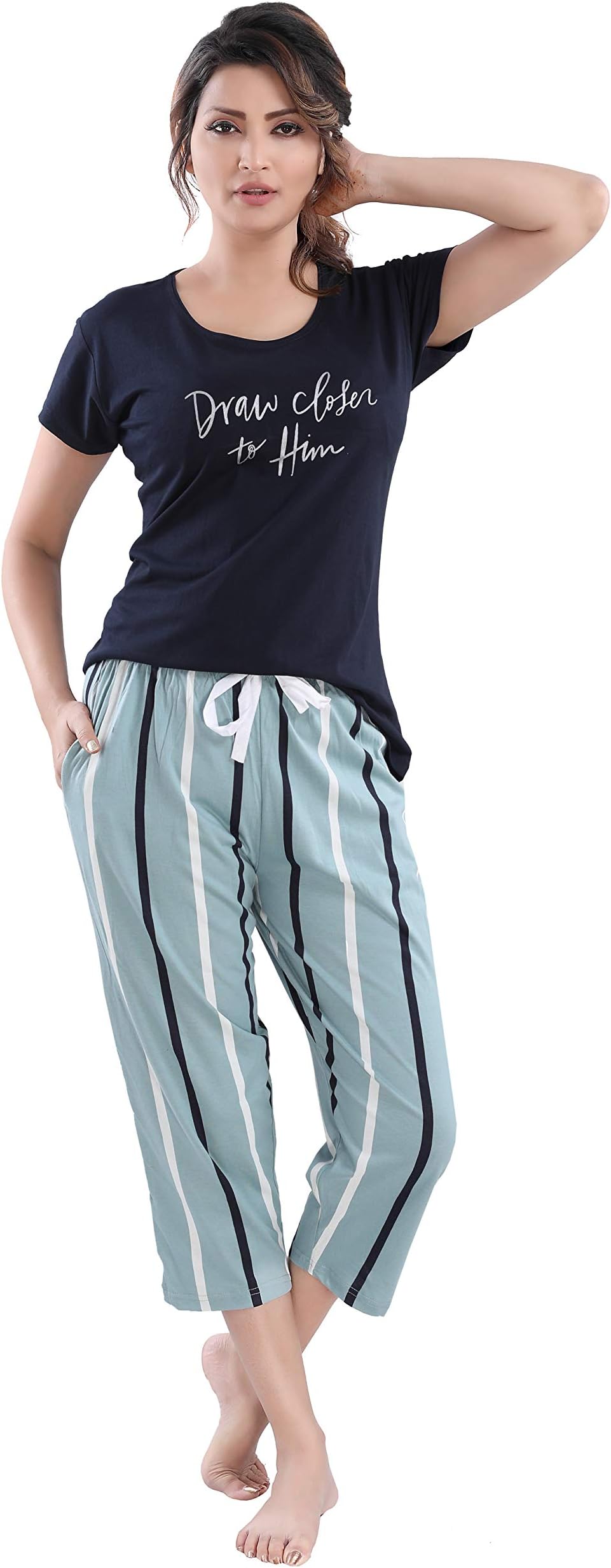 Cotton Night Suit for Women Girls | Women's Cotton T-Shirt & Striped Capri Set Pyjama Set Night Suit Sleepwear Nightwear Nightdress Loungewear for Women and Girls