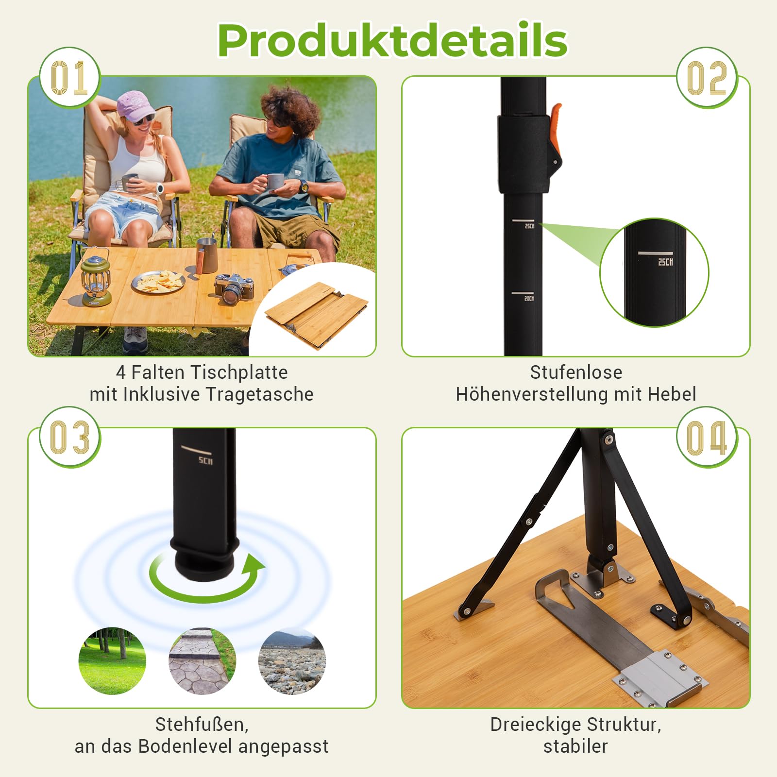 KingCamp Campingtisch Bambus 80 x 60 cm Klapptisch höhenverstellbar 42~70cm für 2-4 Personen 4 Falten Campingtisch Klappbar belastbar bis 80kg