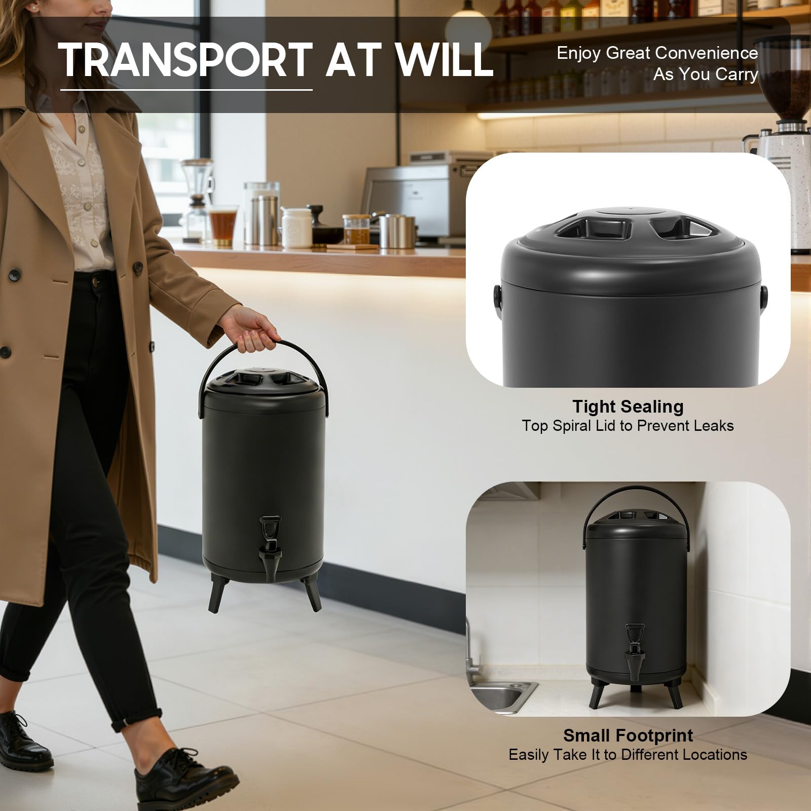 Distributeur De Boissons Isotherme 10L Fontaine À Boissons Chaudes Froides, Distributeur Jus Café Thé Acier Inoxydable Noir, Conservation 4-8H Avec Robinet Récipient Isotherme Pour Boissons