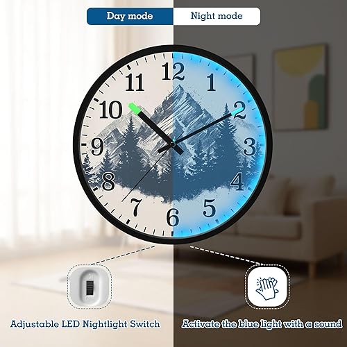 Miniatura 4 de JUNZAN Luminous Voice-Activated Round Wall Clock 12 Inch Mountain Vintage Design Non-Ticking Silent Battery Operated Wallclocks for Kitchen Bedroom