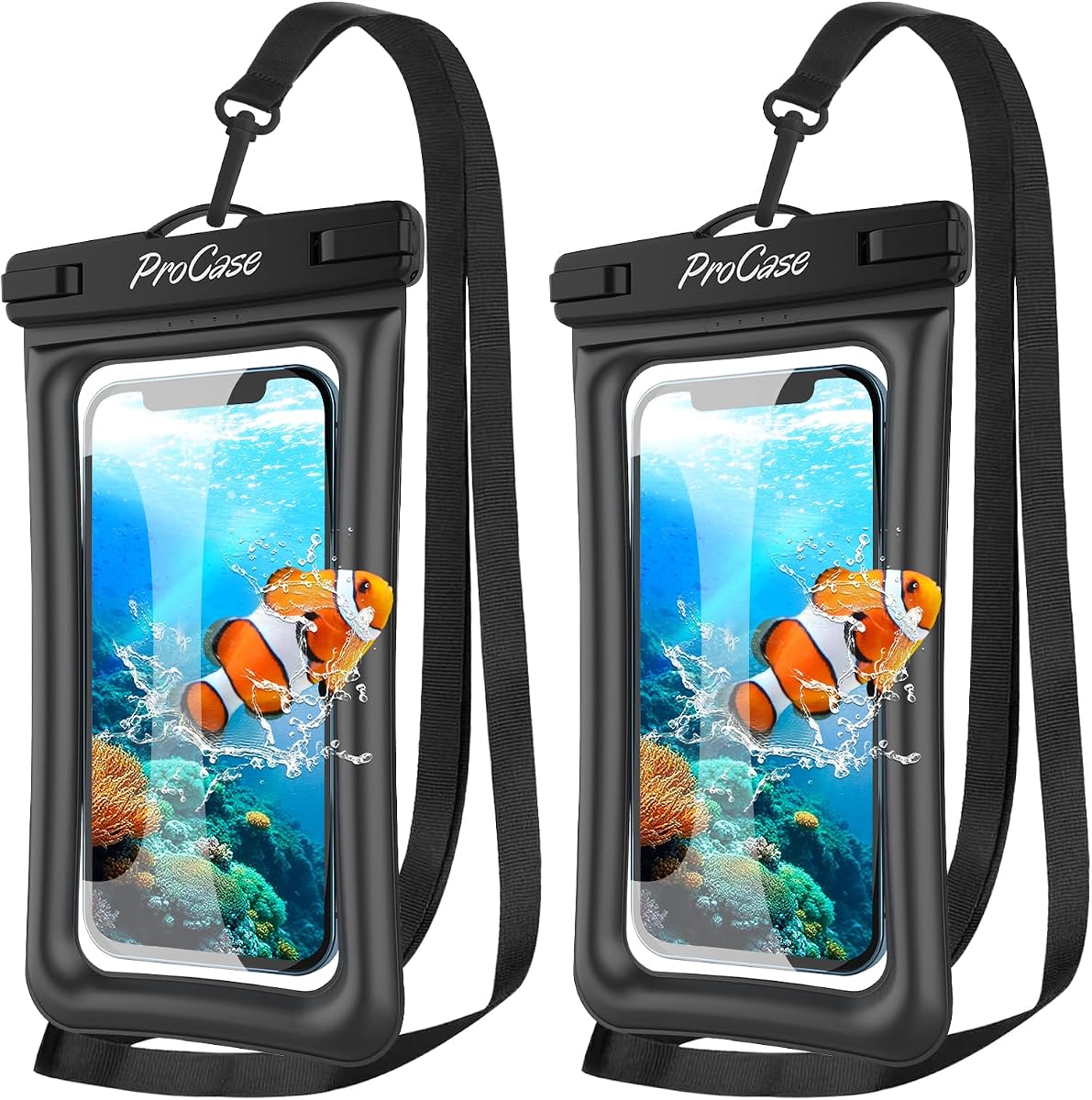 ProCase 2 Pack Floating Waterproof Phone Pouch, IPX8 Dry Bag for 7" Phones | Fits iPhone 17/16/15/14, Galaxy S24/S23 & Pixel 8/7. Touchscreen Waterproof Pouch for Swimming, Diving & Snow -Black