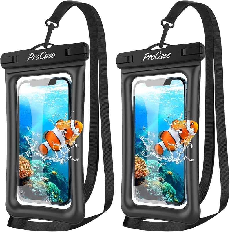ProCase 2 Pack Floating Waterproof Phone Pouch, IPX8 Dry Bag for 7" Phones | Fits iPhone 17/16/15/14, Galaxy S24/S23 & Pixel 8/7. Touchscreen Waterproof Pouch for Swimming, Diving & Snow -Black
