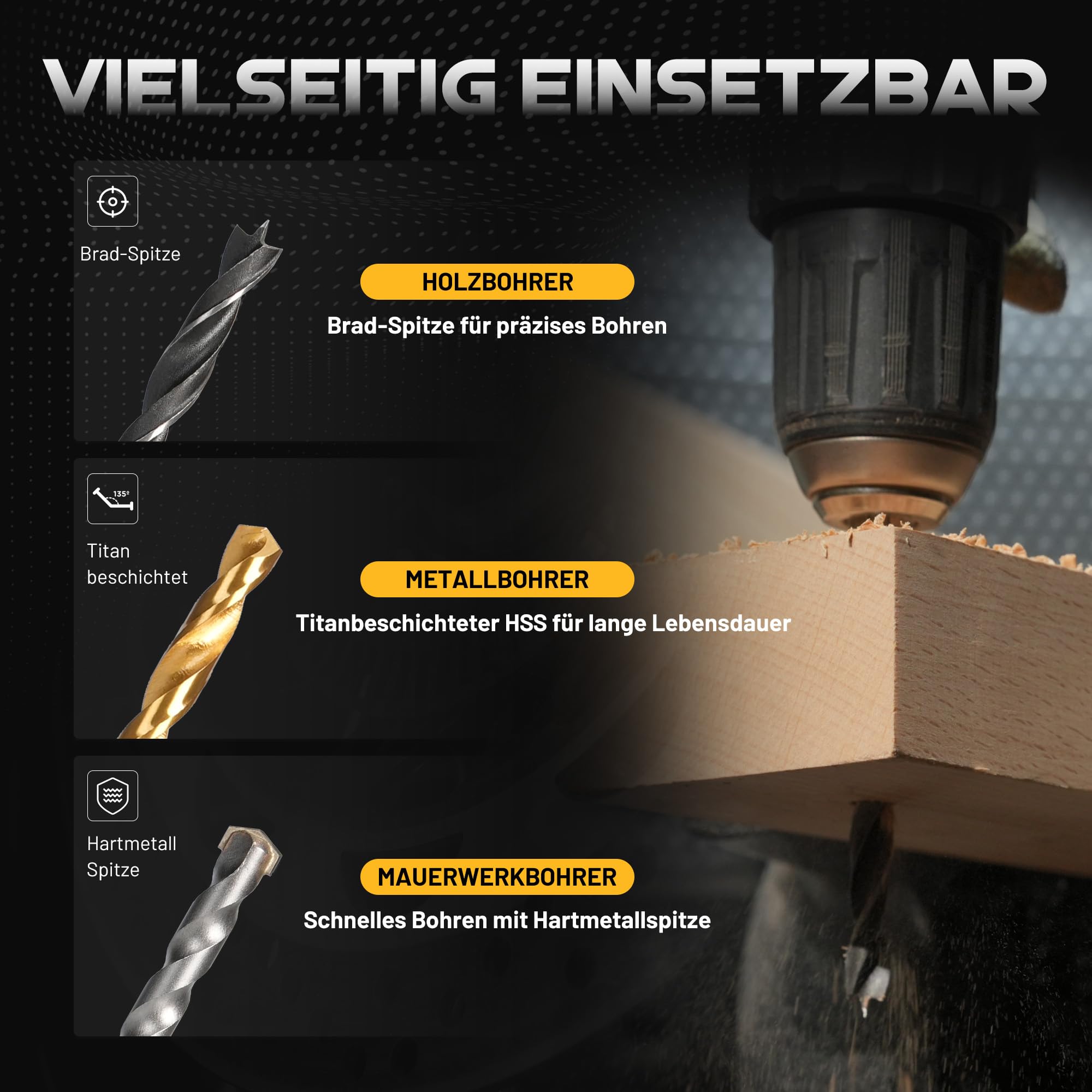 TOLESA Bohrer Set 105tlg für Holz, Metall und Mauerwerk, mit Koffer | Titanbeschichtete HSS-Bohrer, hartmetallbestückte Mauerbohrer, Holz-Spitzbohrer, S2 Bits, magnetischer Bithalter, Koffer
