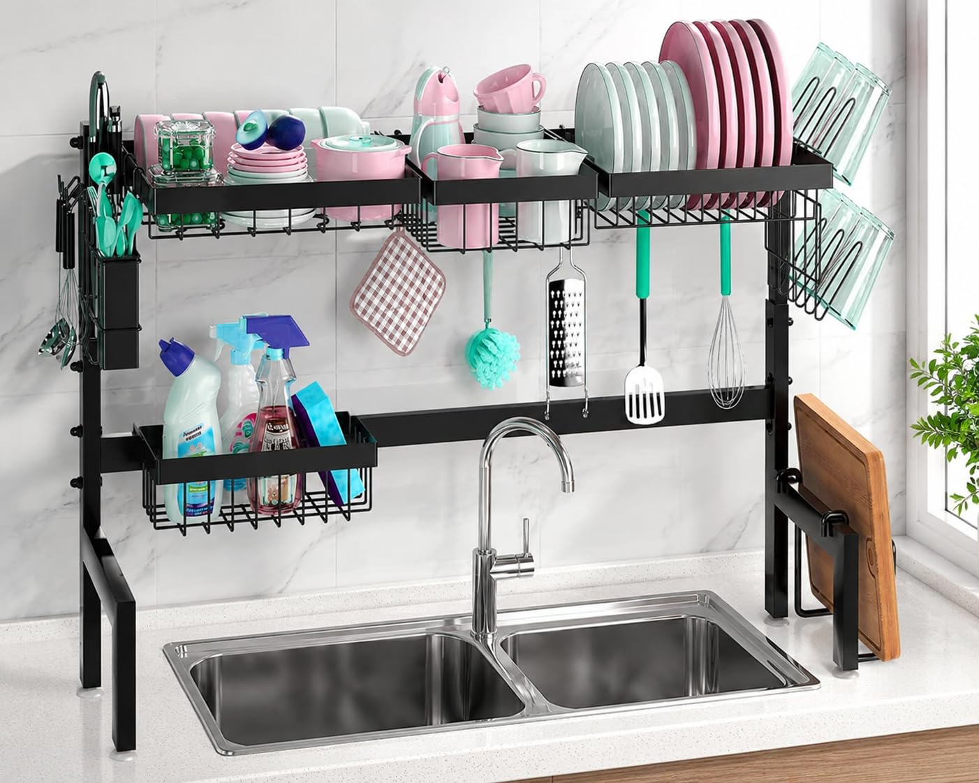ATEK Over Sink Drainer Rack,Expendable 2 Tier Dish Drying Rack for Kitchen | Adjustable 26-33.5 Inch Kitchen Organiser with Cutlery Utensil Holder Cutting Board Slot, Glass & Plate Storage, Space Saving