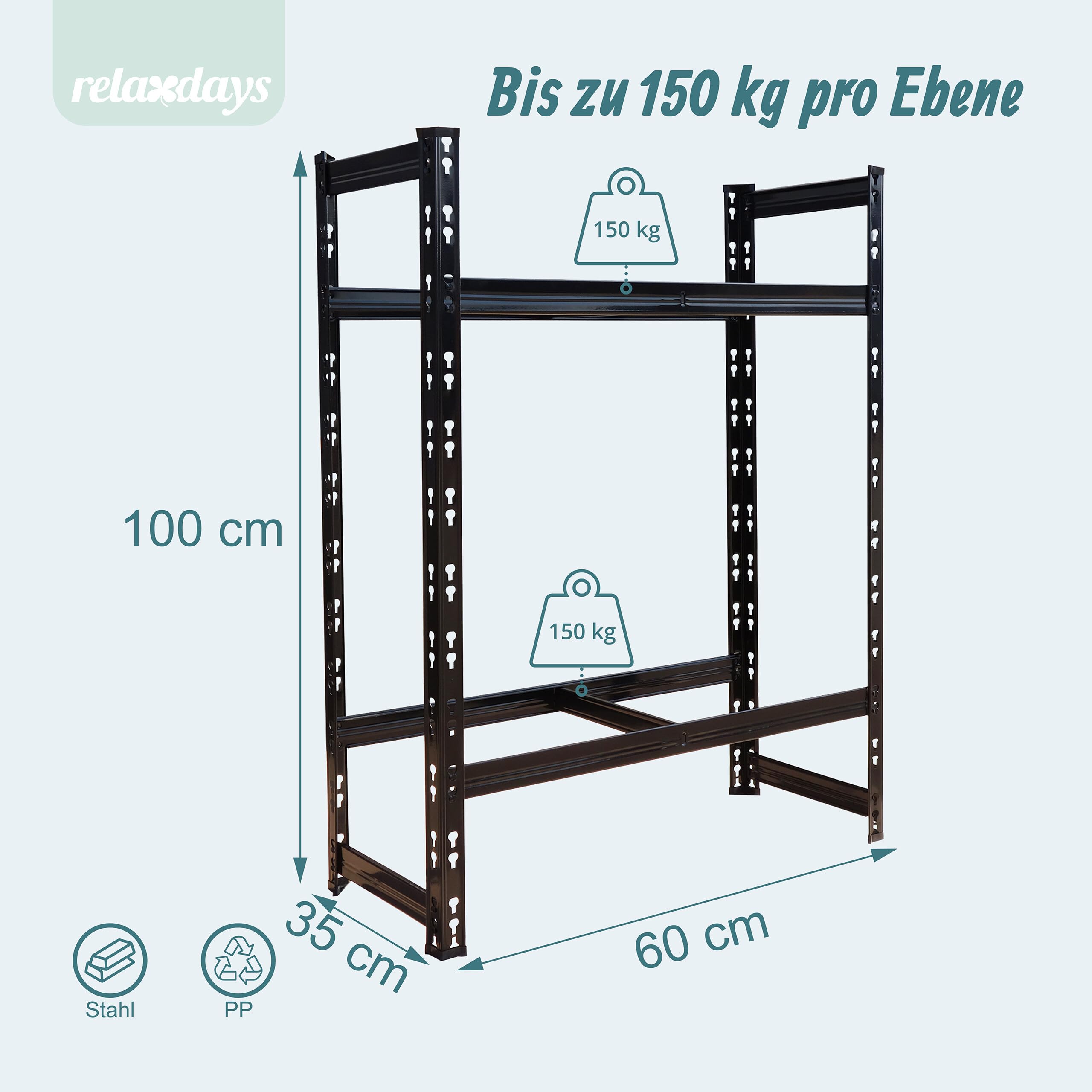 Relaxdays Reifenregal für 4 Reifen, HxBxT: 100 x 60 x 35 cm, 150 kg je Ebene, Räderregal, Stecksystem, Stahl, schwarz - 4