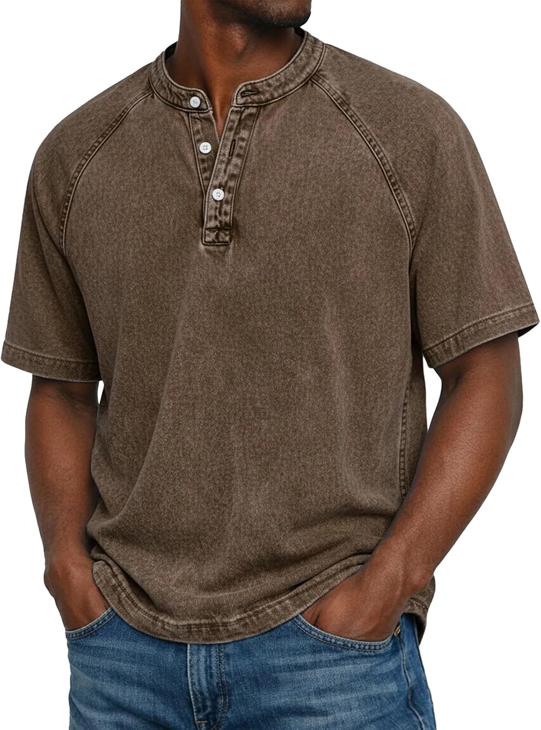 Mens Distressed Henley Shirts Summer Vintage Short Sleeve Button Up Solid Color Washed T Shirts Plain Casual Tees
