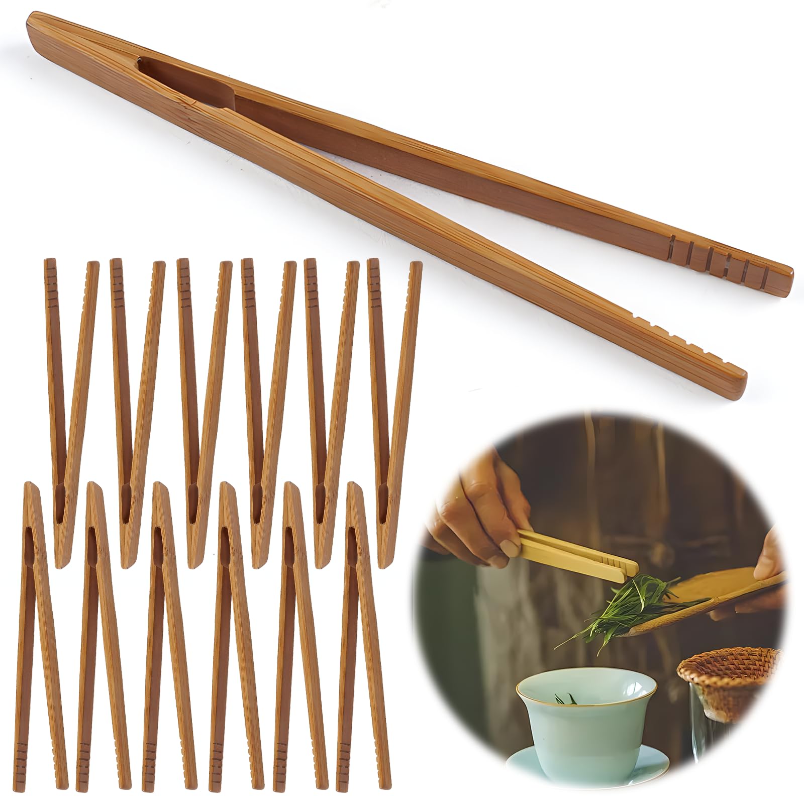 mohito 12 Pezzi Pinze da Cucina in Bambù, Ecologiche e Resistente al Calore per Toast, Sushi, Barbecue - Pinze Legno da Tè, Cucina e Griglia, 17.5cm