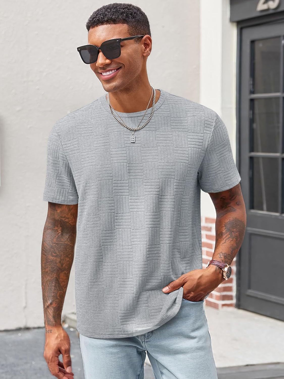 Runcati Men's Casual T-Shirts Short Sleeve Crew Neck Summer Stretchy Shirt Textured Jacquard Tops - Image 2