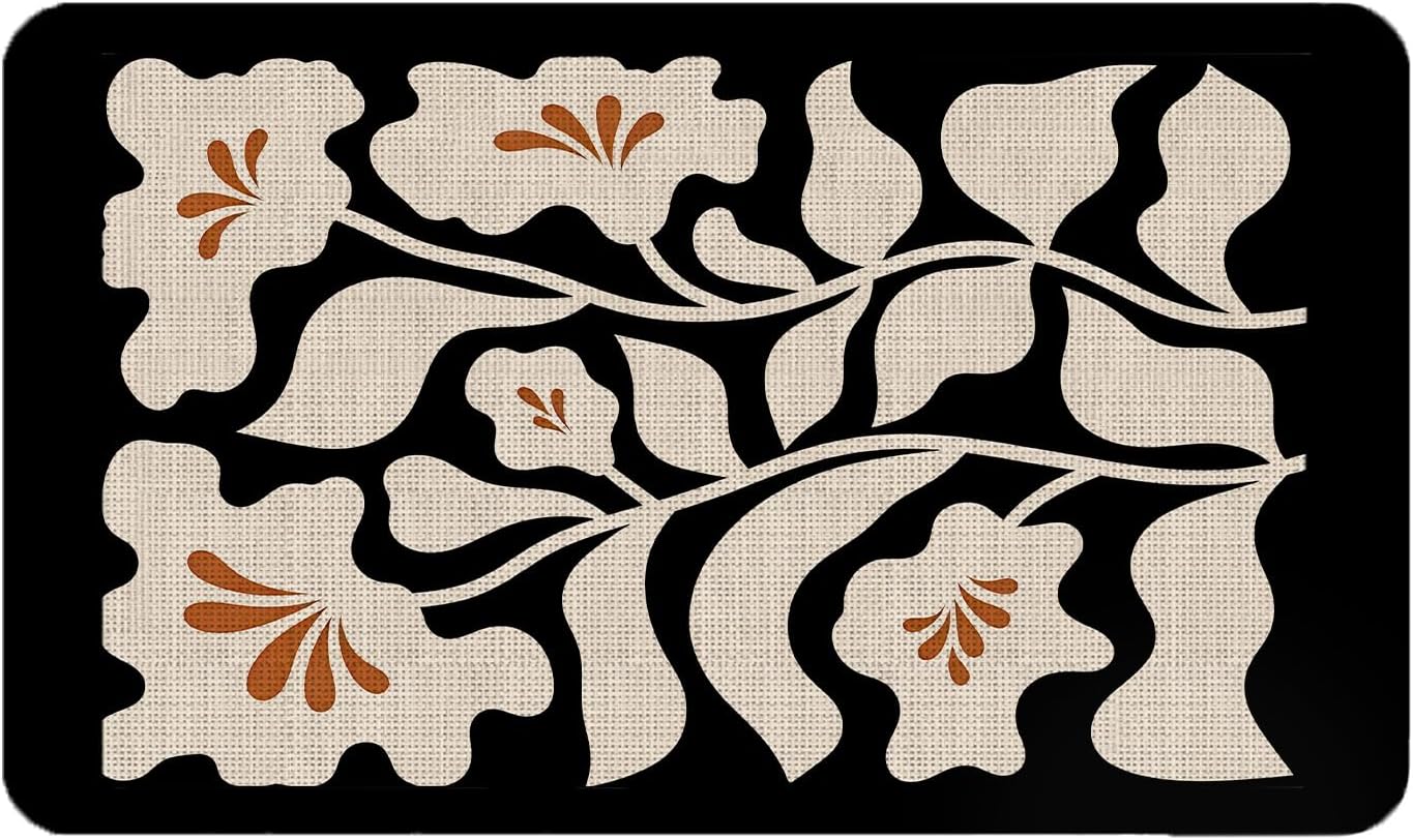 Boho Beige and Black Floral Door Mat - Bohemian Neutral Floral Front Door Welcome Mats Outdoor Entrance, 17x30 Rug