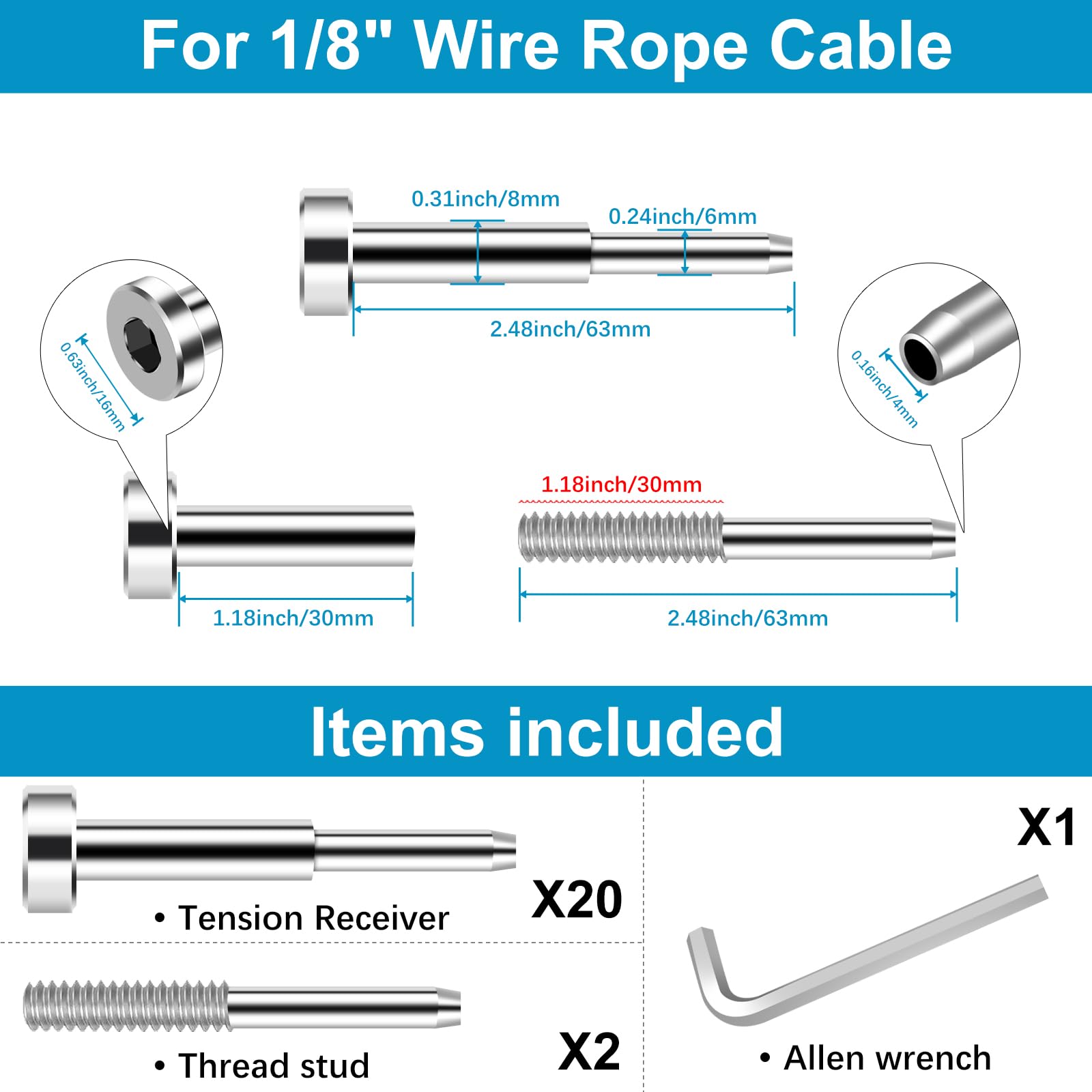 Kit per ringhiere invisibili, confezione da 20 tenditori a pressare SST316 e terminale nascosto per ringhiere cavi, hardware per ringhiere per cavi da 1/8", con perno filettato di ricambio per