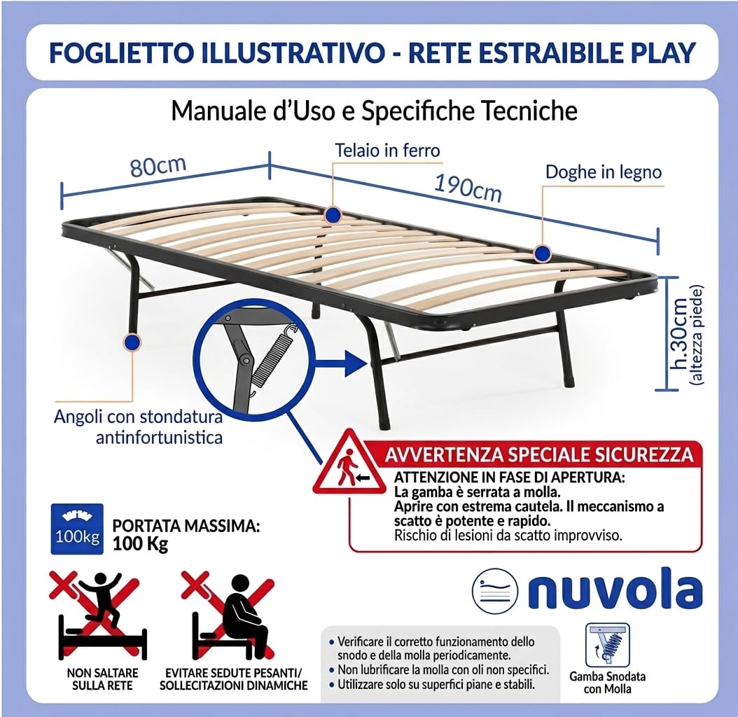 NUVOLA Play - Rete Letto Singolo 80x190 Estraibile con Doghe in Legno, Rete Singola Ortopedica Ideale per Letti Singoli o Divani, Letto a Scomparsa Singolo - Confortevole e Robusto - Made in Italy