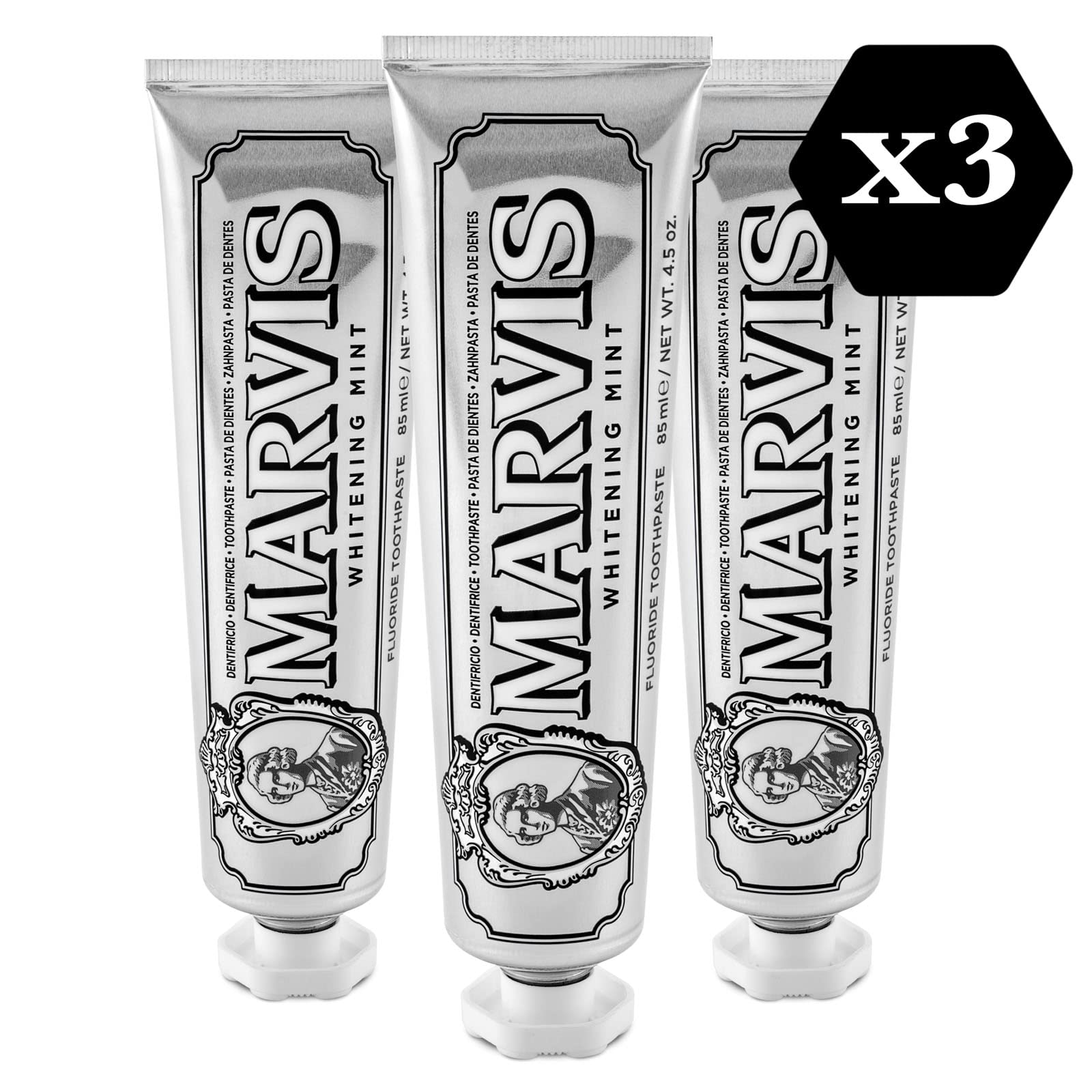 Marvis Dentifricio alla menta sbiancante, 3 × 85 ml, dentifricio sbiancante favorisce uno sbiancamento naturale dei denti, il dentifricio rimuove la placca e dona freschezza duratura