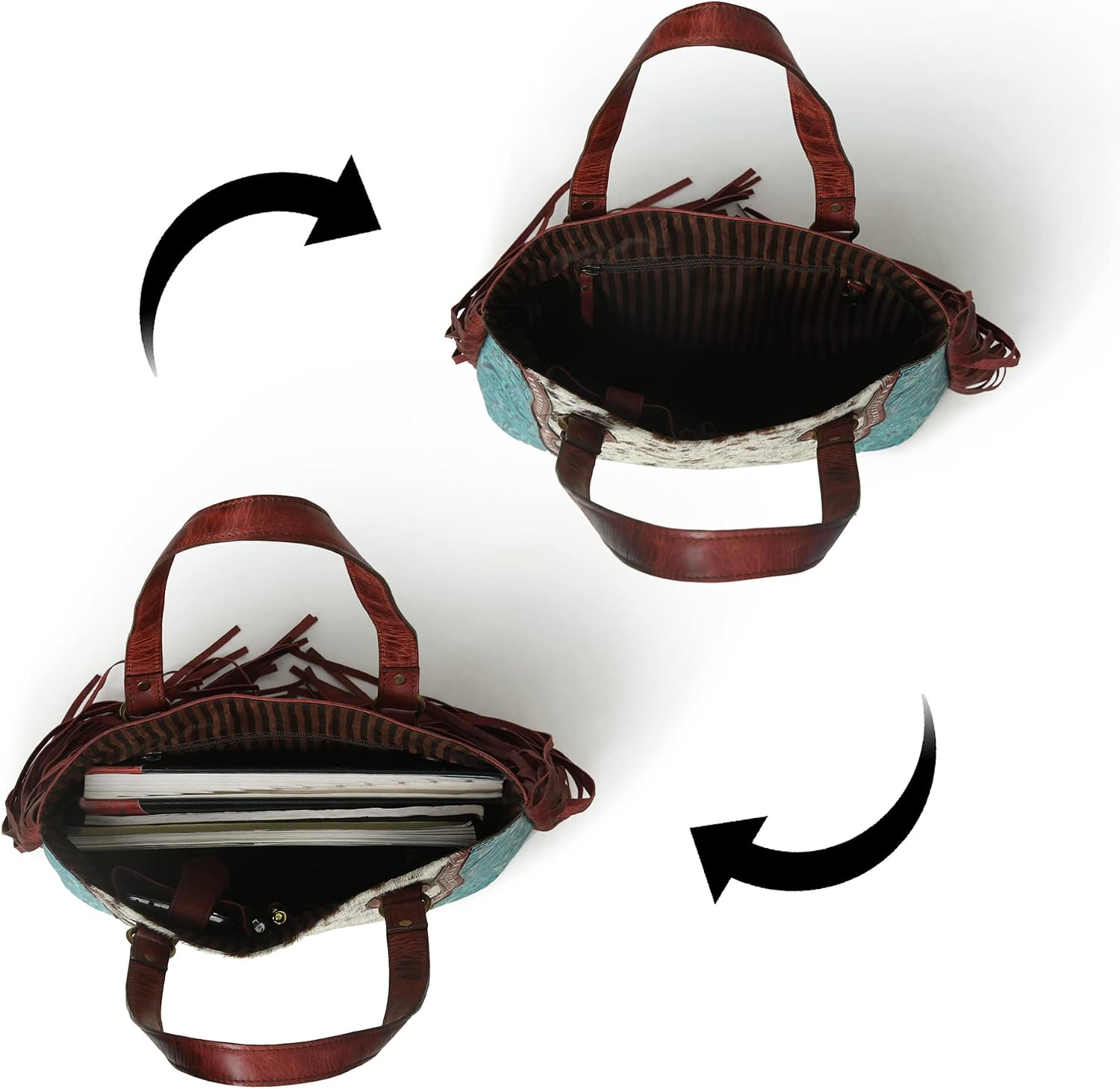 Soft Waxed With Side Fringe Real Hair On and Flower Embosed Leather Tote Bag Purse For Women And Girls (Cherry Color)