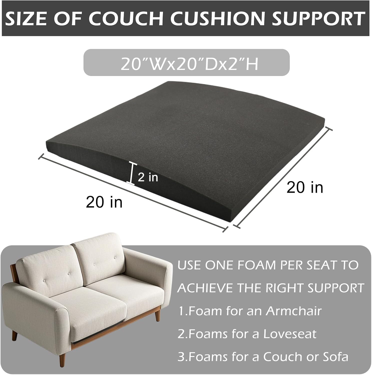 Couch Cushions Support for Sagging Seat, 45D High Density Foam Curved Sofa Furniture Seat Cushion Under Sag Repair for Sectional Loveseat Chair, Set of 3, White, 22" x 22" x 2.4"