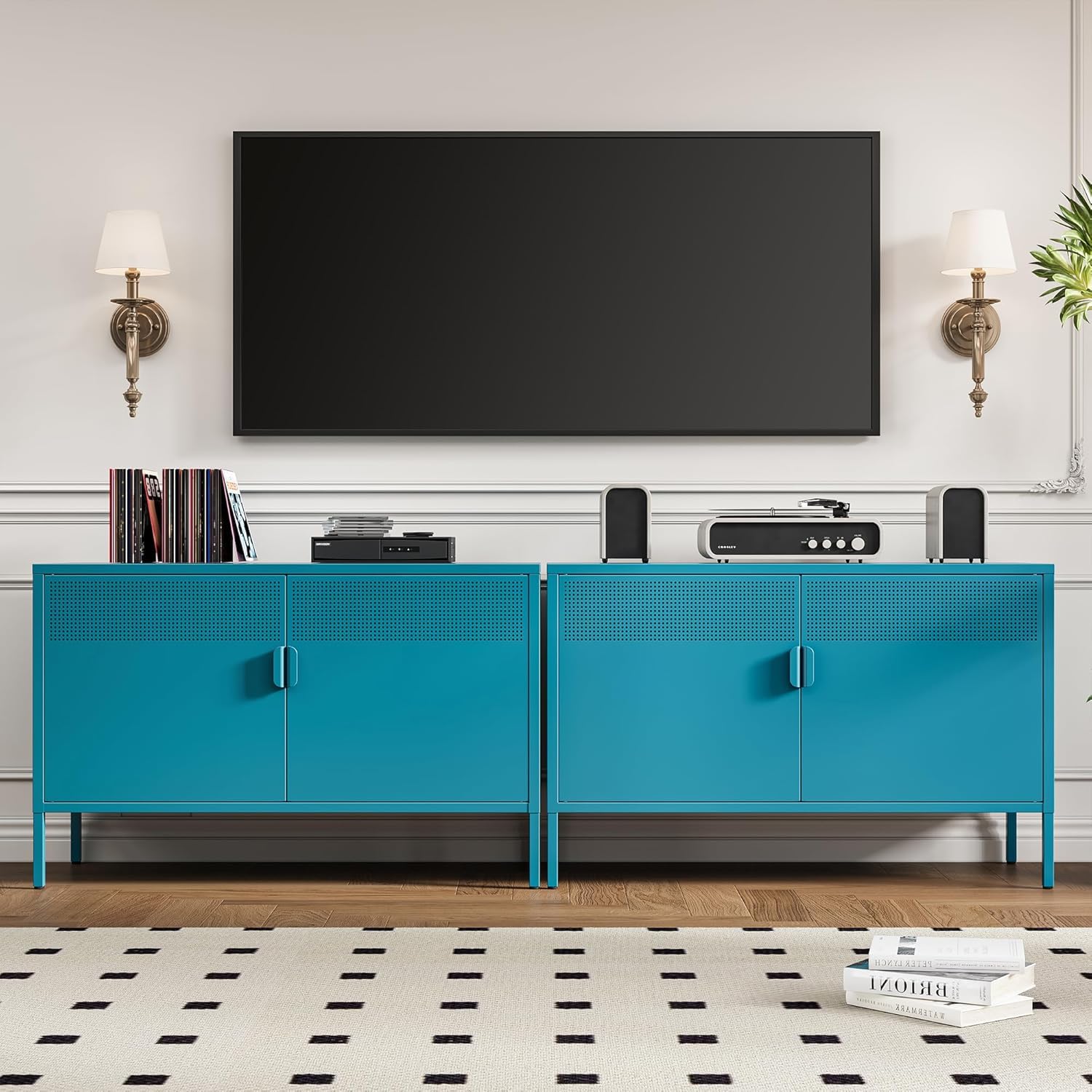 Armario Metalico,Aparador de Metal Estantes con Puertas,Marco de Acero,Armario de Almacenamiento para Oficina en Cocina,Salón,Comedor,Entrada,40 x 100 x 64AL cm,Azul