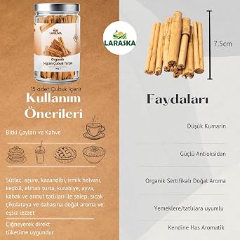 Organik Seylon - Seylan Çubuk Tarçın 75g- Organic Ceylon Cinnamon Sticks 75g Cam