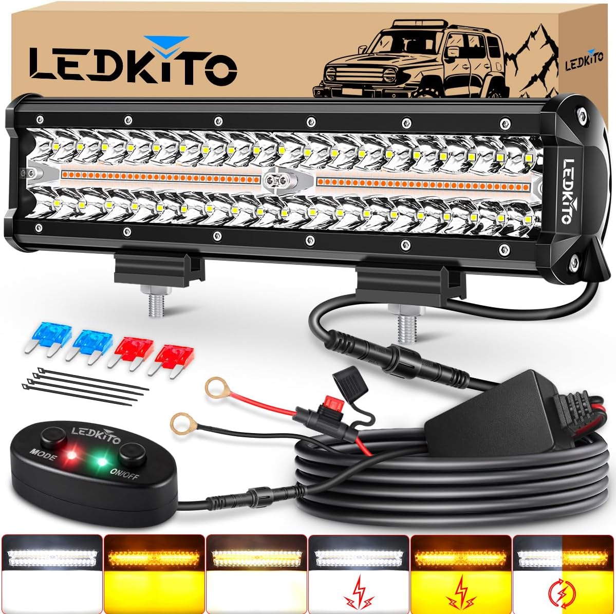 12In LED Light Bar Kit Amber White 6Mode Strobe Spot Flood Combo Triple Row Dual Color OffRoad LED Driving Work Fog Flashing Lights Bar with Memory Reset Function for ATV UTV SUV Trucks Pickup