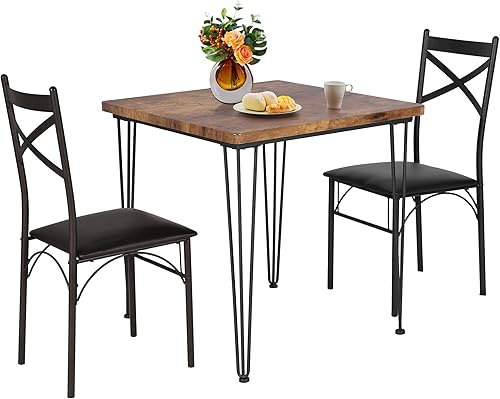 Miniatura 15 de VECELO Juego de mesa de comedor de 3 piezas para 2, juego de mesa de cocina con 2 sillas para espacio pequeño, ahorro de espacio y diseño moderno