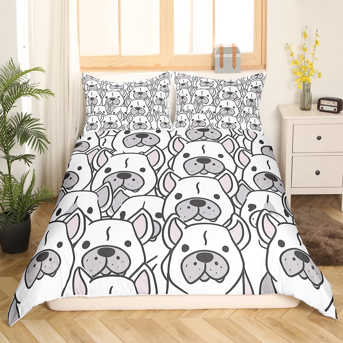 Dog Bedding Set French Bulldog Duvet Cover for Kids Boys Girls Cartoon Pet Dog Animal Print Comforter Cover Cute Bulldog Puppy Face Doodle Decor