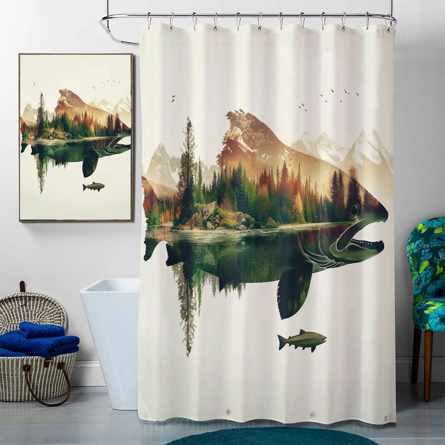 4 Pcs Rusticd Fish Bathroom Shower Curtain Set with Rugs,Toilet Lid Cover, Bath Mat Retro Salmon Vintage Fishing Forest River Bathroom Shower Curtain with 12 Hooks Accessories Decorative