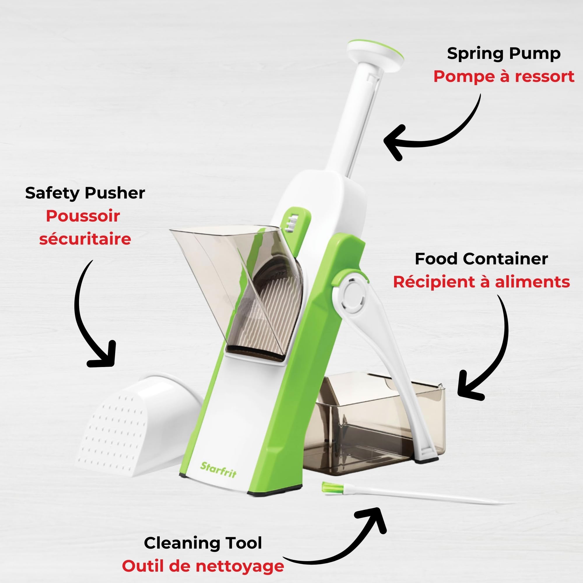 Starfrit Pump'n'Slice - Mandolina vertical, cortador y picador de alimentos, seguro | Cuchillas cerradas seguras. Corte ajustable. Juliana y dados. Ideal para frutas y verduras. Se pliega para almacenamiento.