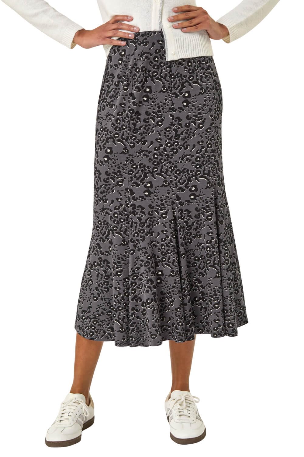 Roman Originals Women's Grey Animal Jersey Skirt For Uk - Midi Maxi Floral Animal Print Summer Spring Holiday Swing Smart Casual Work Cocktail Party Going Out Holiday Cruise - Size 16