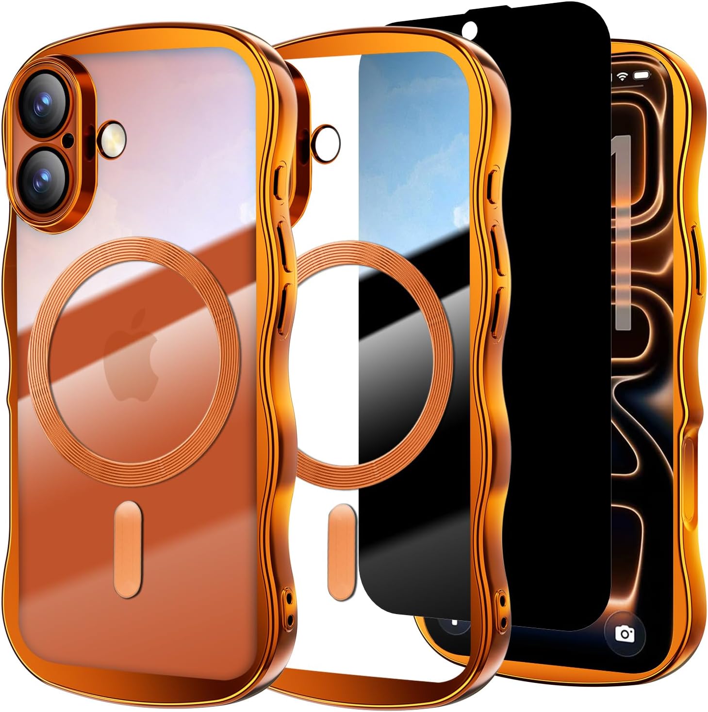 Misscase for iPhone 17 Case with Privacy Screen Protector,Compatible with MagSafe,Cute Wave Frame Anti-Scratch Case with Camera Lens Protector Plating Bling Case for iPhone 17 6.3″ Women Orange