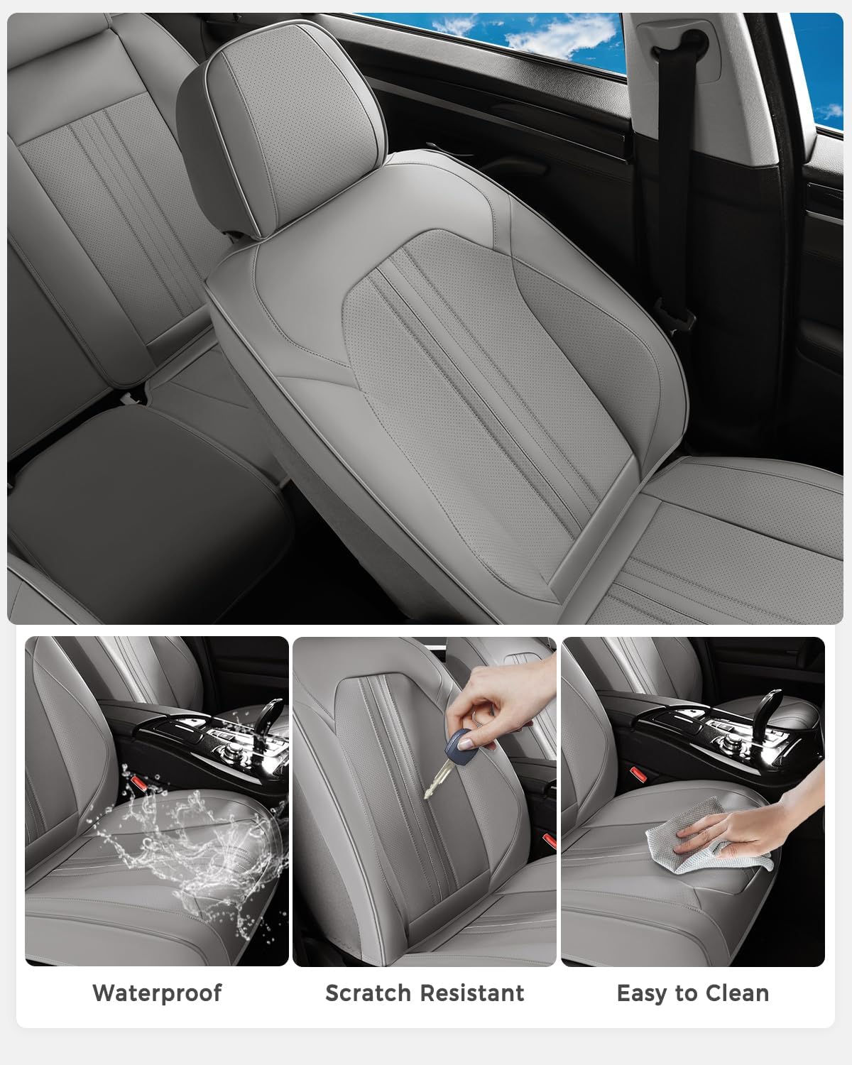 Huidasource Gray Seat Covers, Luxury Faux Leather Car Seat Cover, Velcro Adjustable, with Airbags, Seat Belts, Thinning Design Perforation Cooling＆Heating, Fit for Most Cars, Vans, Trucks, SUVs, Gray