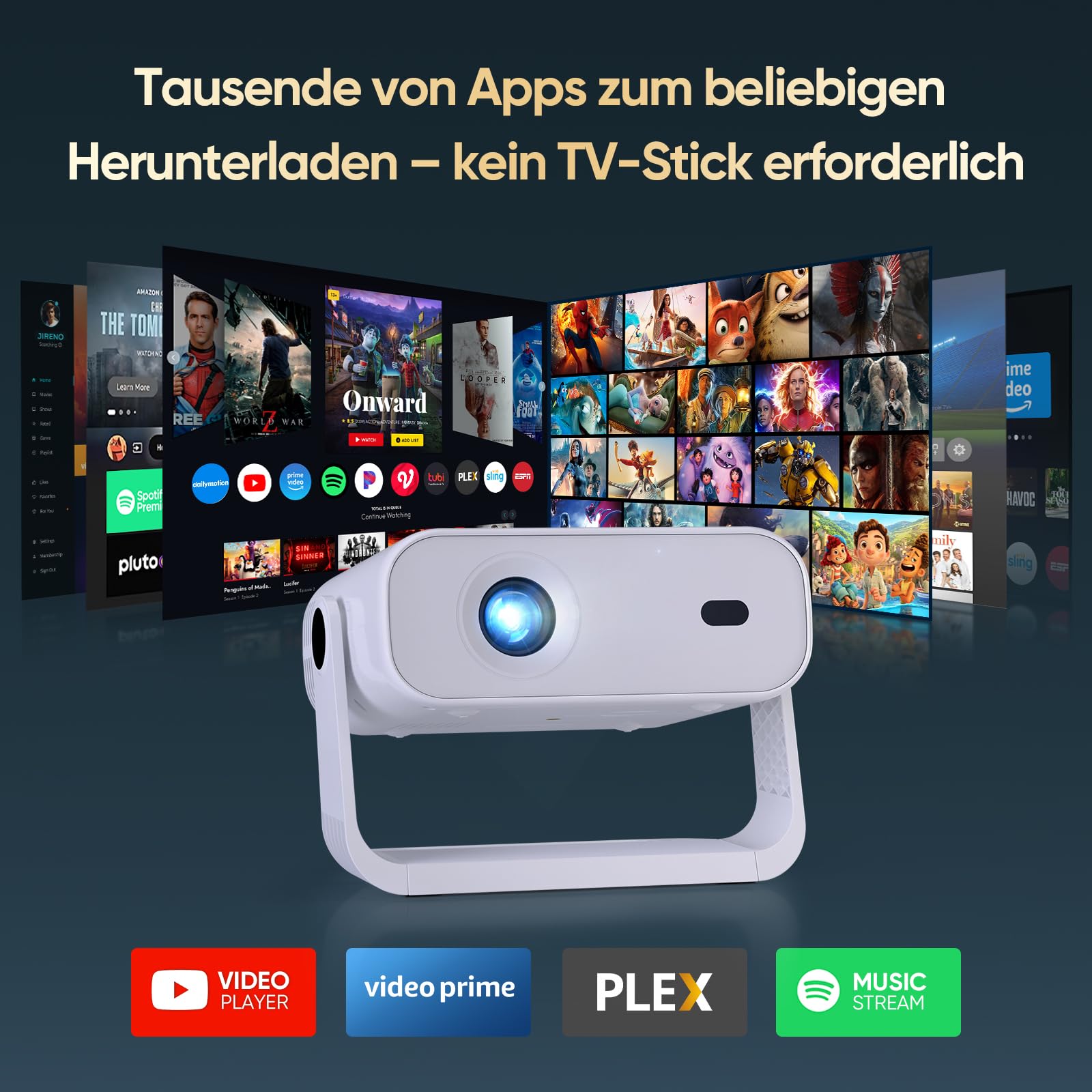 2026 Neuer Smart Mini Beamer Integrierte APP, Android 14,20000Lumens, Unterstützt 4K-Dekodierung,Automatische Trapezkorrektur, WiFi6 & BT5.2 Projektor，Beamer Heimkino für Handy/HDMI/PC