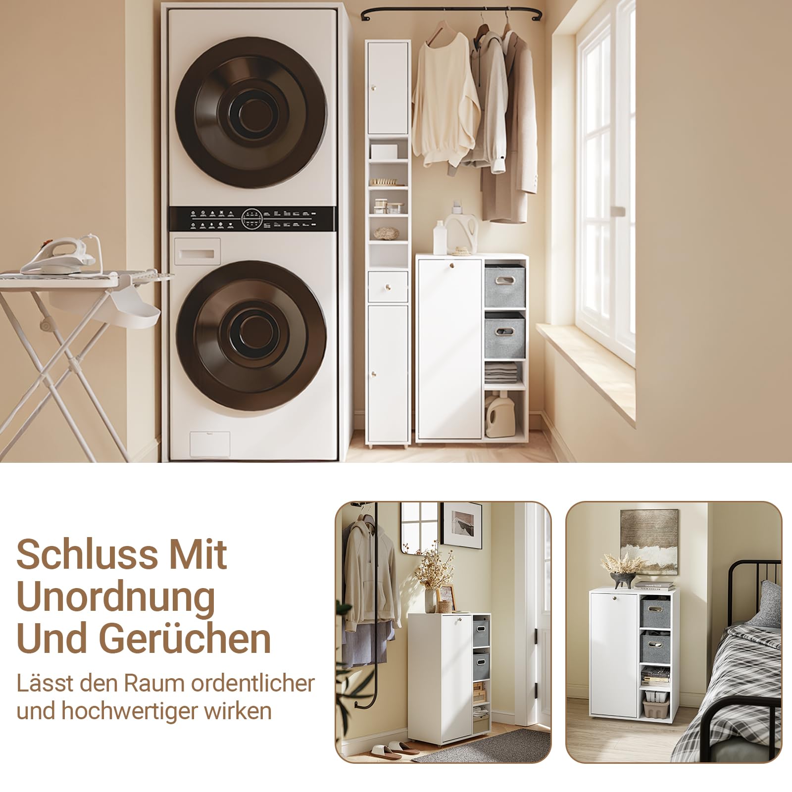 SoBuy Badezimmerschrank mit Wäschekorb 2 Stoffschubladen 50 cm | Schmaler Wäscheschrank Weiß Badschrank Nischenschrank breit Wäschesammler Schrank Badregal Stehend BZR218-W