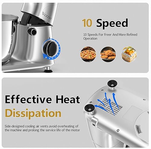 Miniatura 4 de Vezzio Batidora de pie, 6 cuartos de galón, cabezal inclinable de 10 velocidades, batidora de alimentos de cocina con tazón de acero inoxidable,