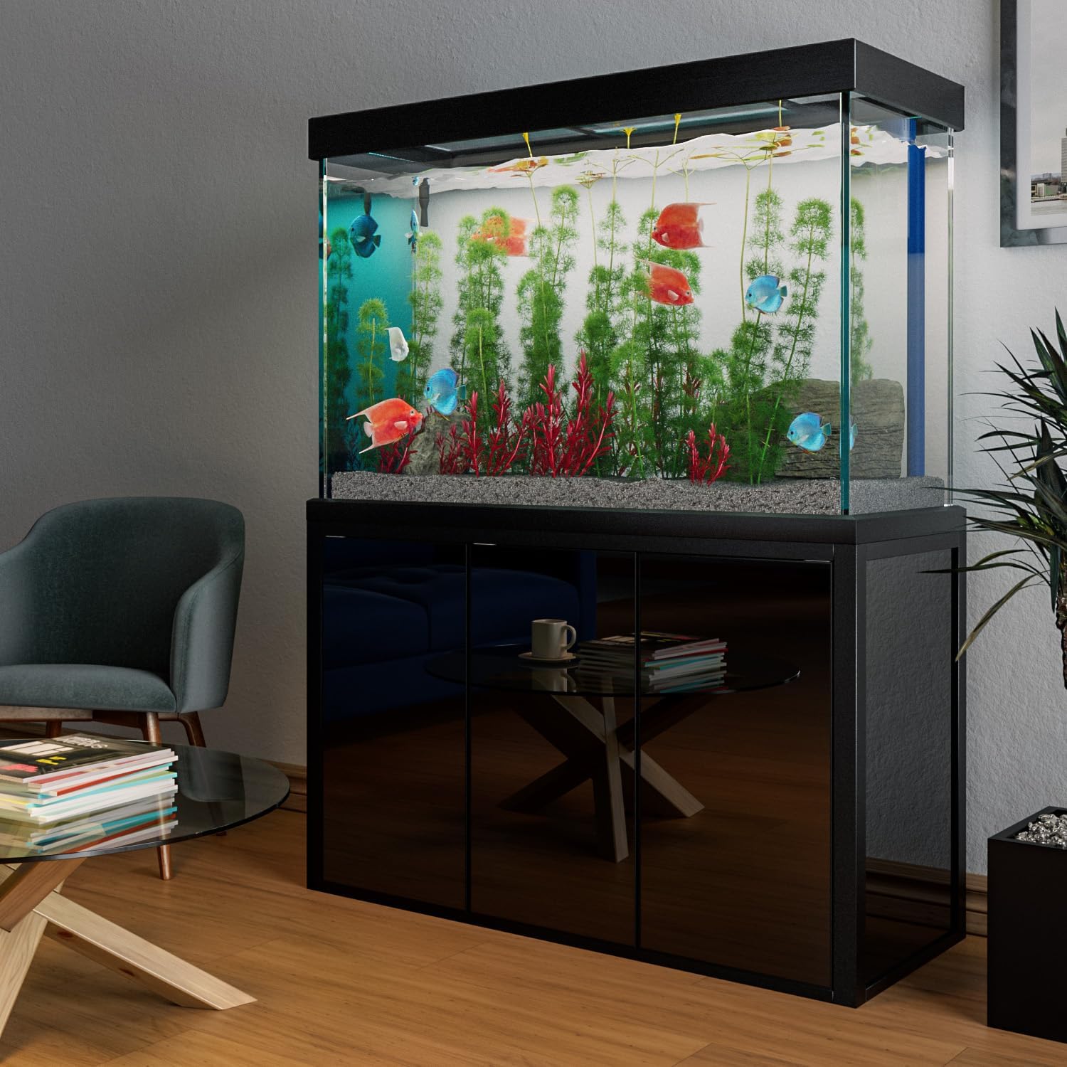 Aqua Dream 175 Gallon Aquarium Fish Tank with Upright Fishtank Stand Water Pump Freshwater Filter LED Bundle and Straight Corners Clear Glass - All Black