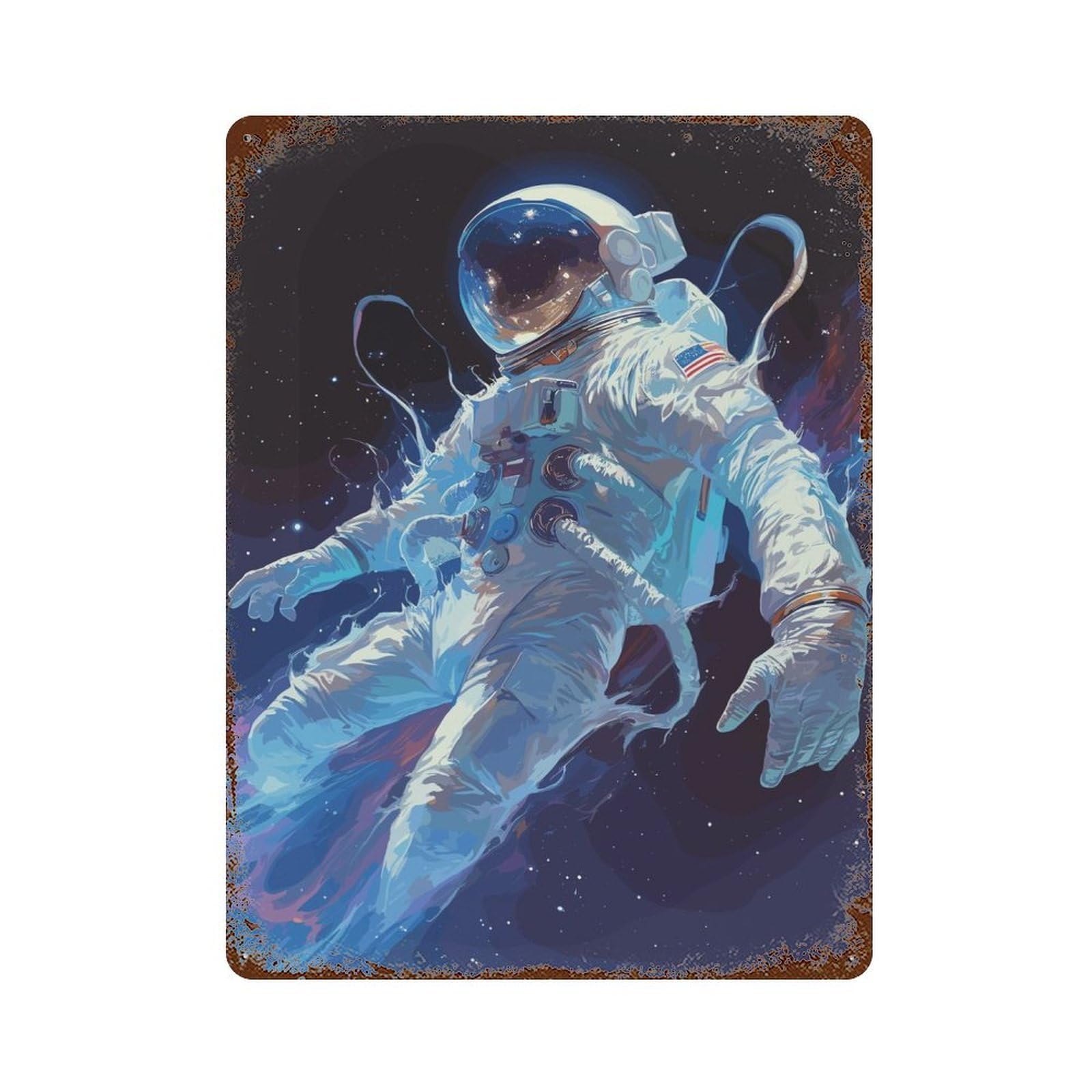 Distressed Metal Wall Sign Painting Fantasy Astronaut 15.7"x11.8", Vintage Wall Decor for Garage, Bar And Workshop Decor