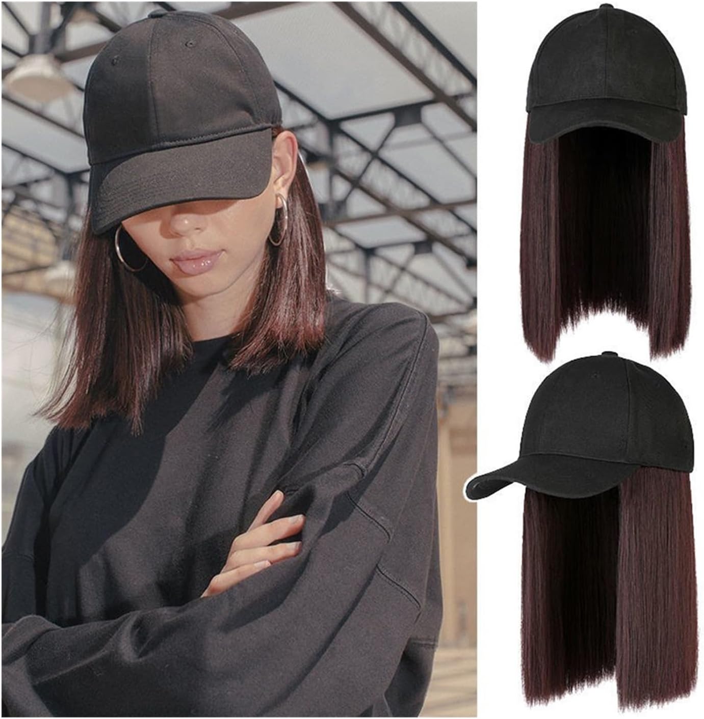 Wig Cap Cap Synthetic Wig Hair Extensions Hair Wigs for Women Short Straight Bob High Temperature Fiber Adjustable Hip Hop Baseball Cap Hair Extension Cap(19)