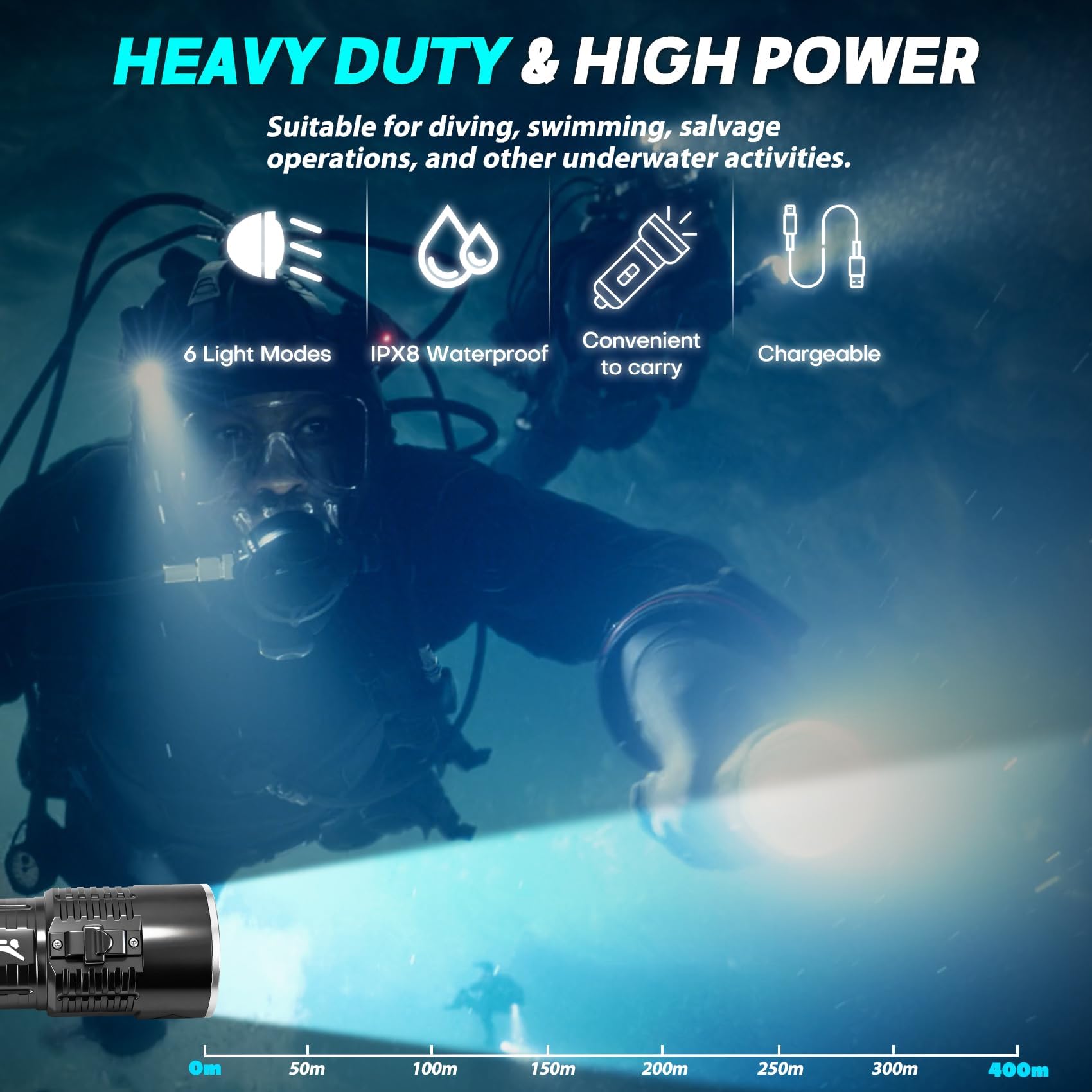 Lampe de plongée sous-marine – Lampe torche rechargeable super lumineuse étanche, 6 modes d'éclairage sous-marin, lampe de poche de sécurité pour plongée sous-marine et plongée avec tuba