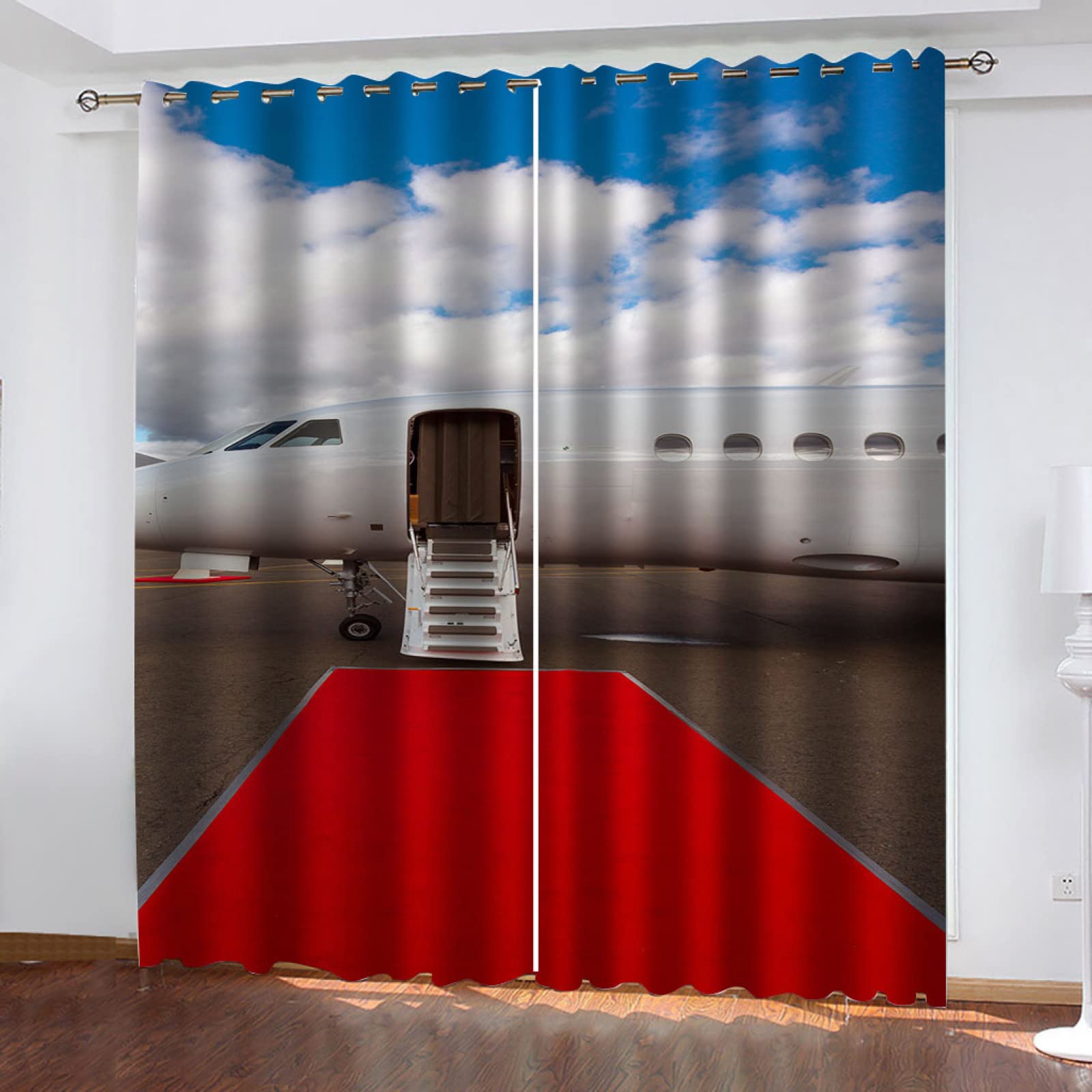 MAYNUO Blickdichte Vorhänge Mit Motiv 3D Roter Teppich Flugplatz Kinder Gardinen Blickdicht Ösen Gardine Thermo 264x214 cm Schlafzimmer Kinderzimmer Vorhänge Dekoratives Muster, Verdunklungsvorhänge