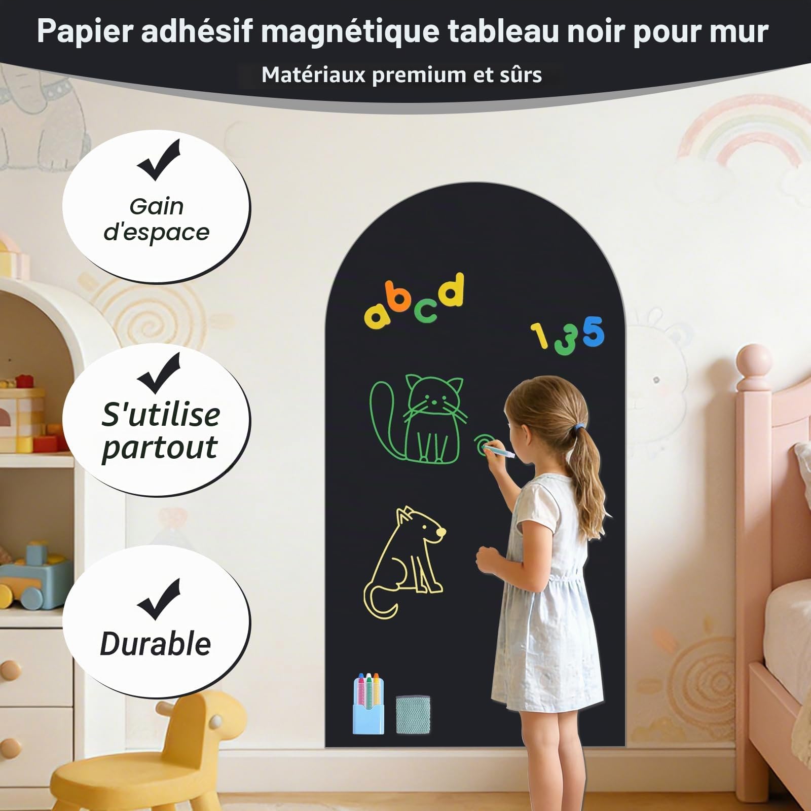 Tableau Noir Magnétique Autoadhésif 80 x 40 cm – Feuille Murale Effaçable avec Surface Magnétique, Design Arche, Inclut Craies, Chiffon et Aimants – Maison, Bureau, École (Noir)