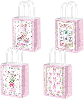 Qpout 12 Pack Mahjong Party Favor Bags, Pink Watercolor Mahjong Themed Paper Gift Bags with Handles, Double-Sided Treat Bags for Mahjong Night, Girls Night, Birthday Party Supplies(8.3x6.3x3.1in)