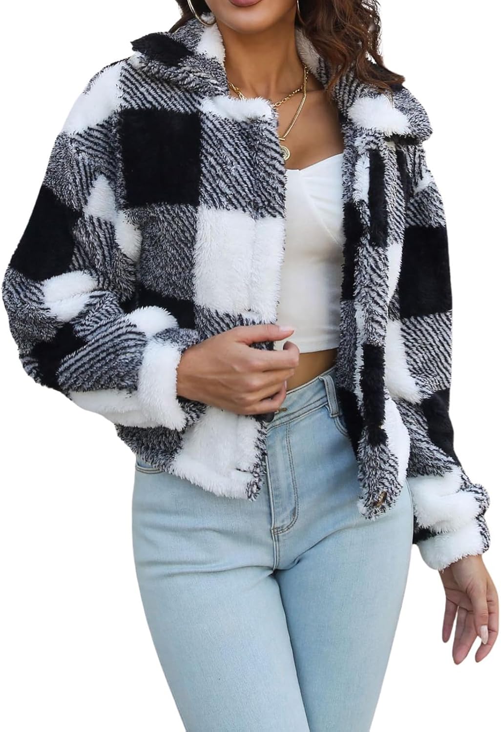 loveimgs Women's Button Down Plaid Sherpa Fleece Jacket Coat Lapel Long Sleeve Crop Teddy Jacket Outwear