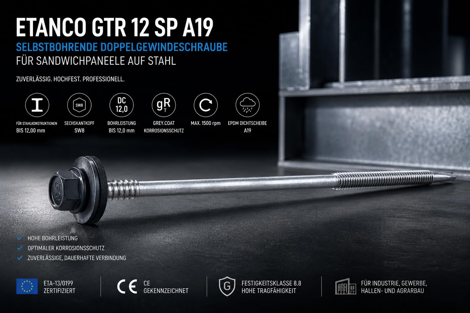 ETANCO GTR 12 SP A19 Tornillo de doble rosca autoperforante para paneles sándwich sobre acero RAL 7016 antracita EPDM arandela ETA CE SW8, 100 unidades (5,5/6,3 x 190 mm)