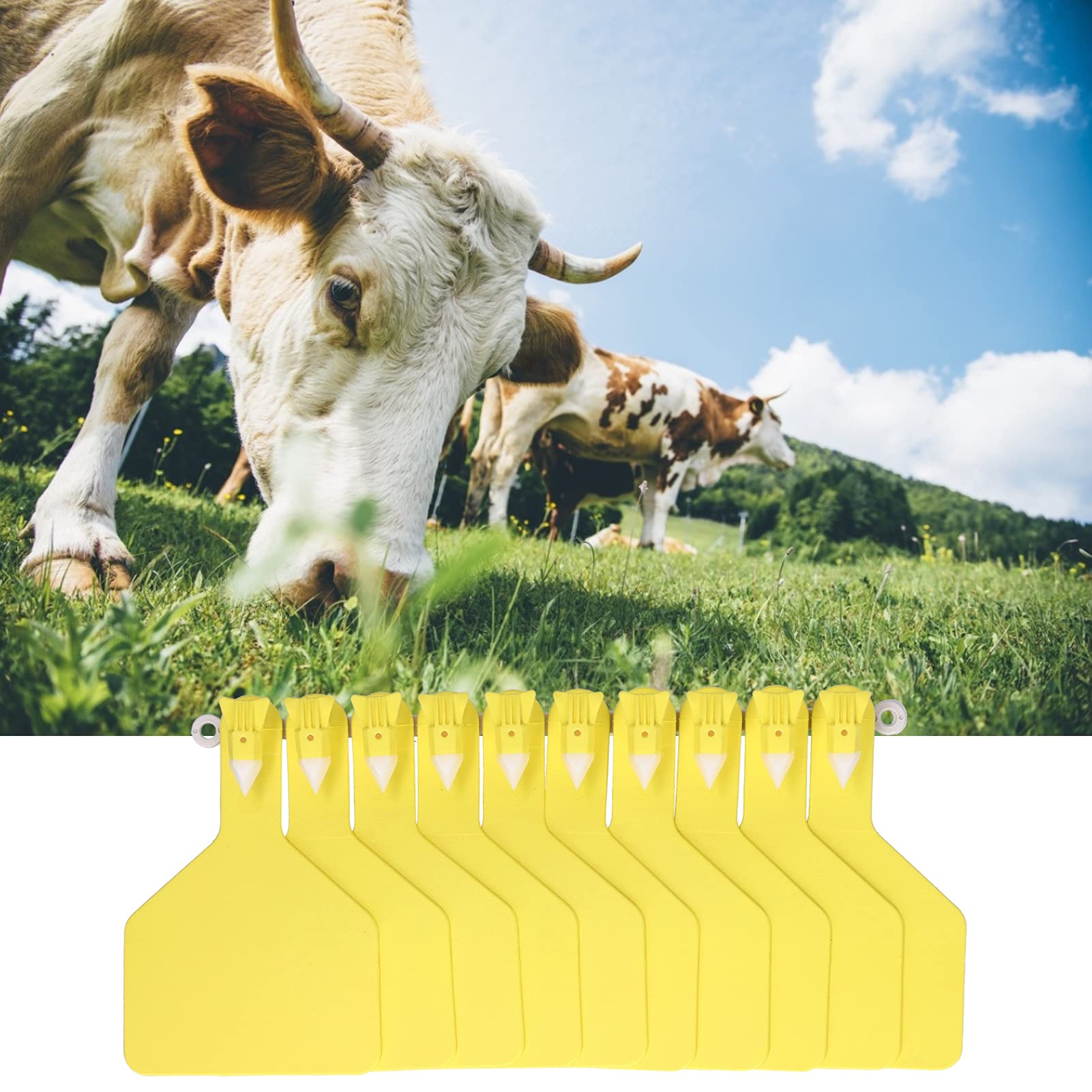 Marcatore per orecchie di mucca, kit di marchi auricolari integrati in plastica da 100 pezzi Etichetta per etichette auricolari per allevamenti di bestiame per identificazione di bovini di vacca Giall