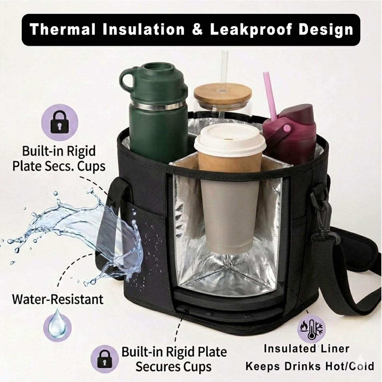 Family Size 4 Compartment Drink Carrier Bag with Car Hook, Insulated Drink Caddy Fit Stanley 40oz, Owala Tumblers, Water Bottle Holder with Adjustable Strap,Drink Tote for Coffee,Travel,Outings