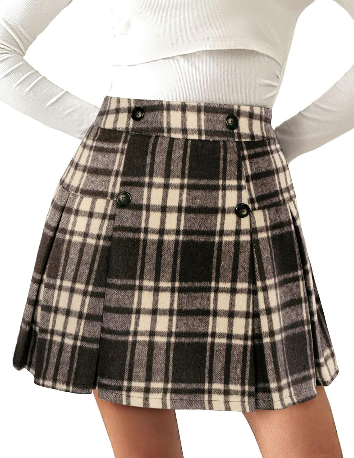Kate Kasin 2024 Women’s Pleated Plaid Mini Skirt High Waist A-Line Fall Winter Casual Skirts