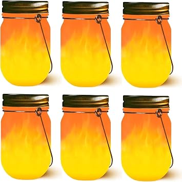 Mason Jar Solar Lights Lanterns, 6-Pack Amber Flame Flicker Lights with Glass Mason Jar,Best for Wedding Garden Patio Outdoor Solar Powered Hanging LanternsJars & Hangers Included
