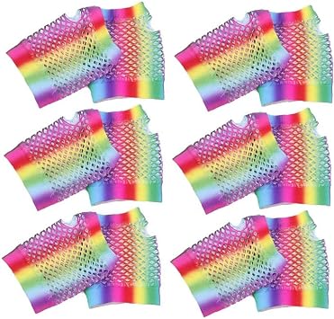 6 Pairs Womens Short Fishnet Gloves Rainbow Stripe Fingerless Gloves Hollow Out Fishnet Wrist Costume Stretch Mittens