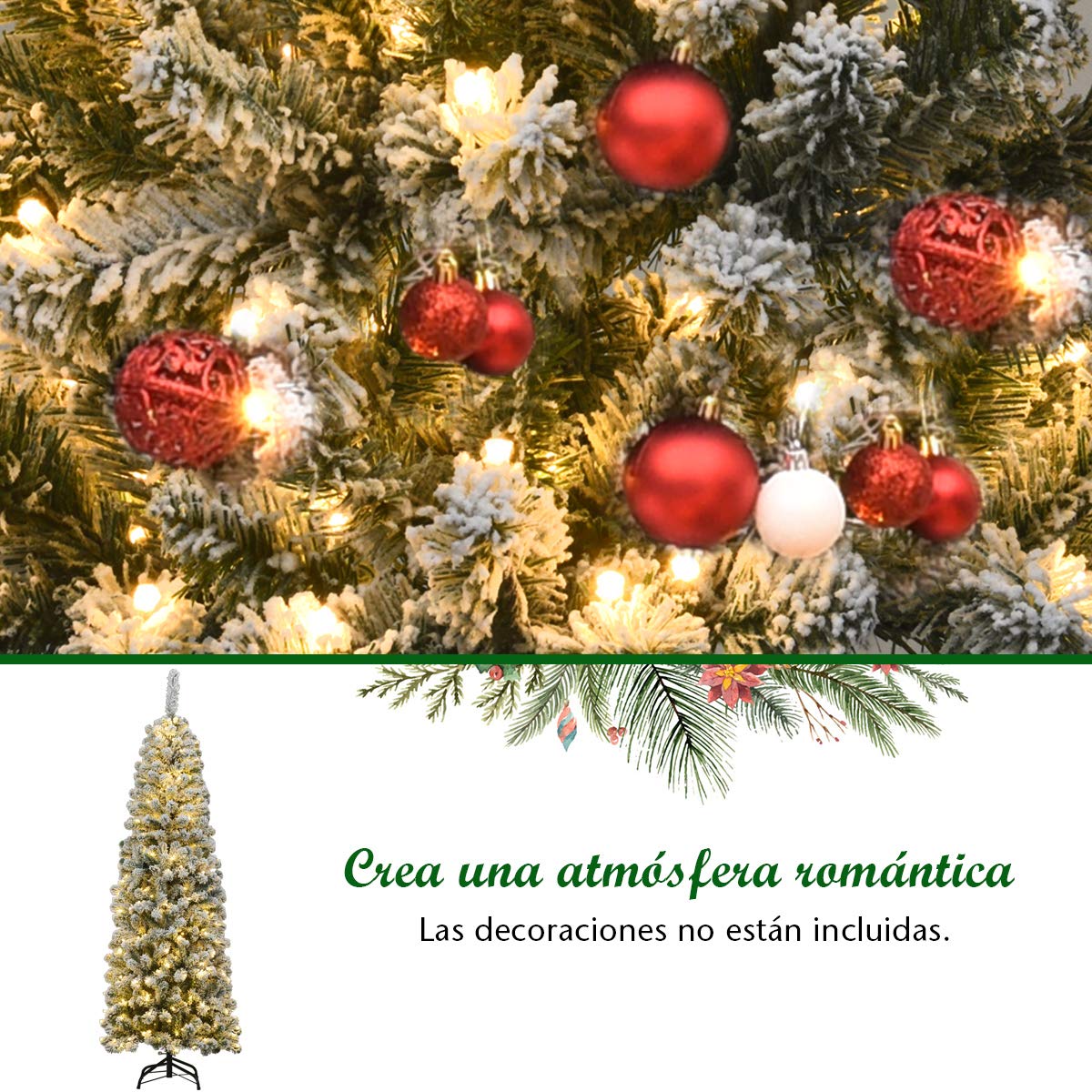 COSTWAY Árbol de Navidad Nevado con Luces 180cm, Arbol de Navidad Slim/Estrecho con Luces Incorporadas, 250 Luces LED Cálidas, Arvore de Natal con 500 Ramas de PVC(180 cm Luces)